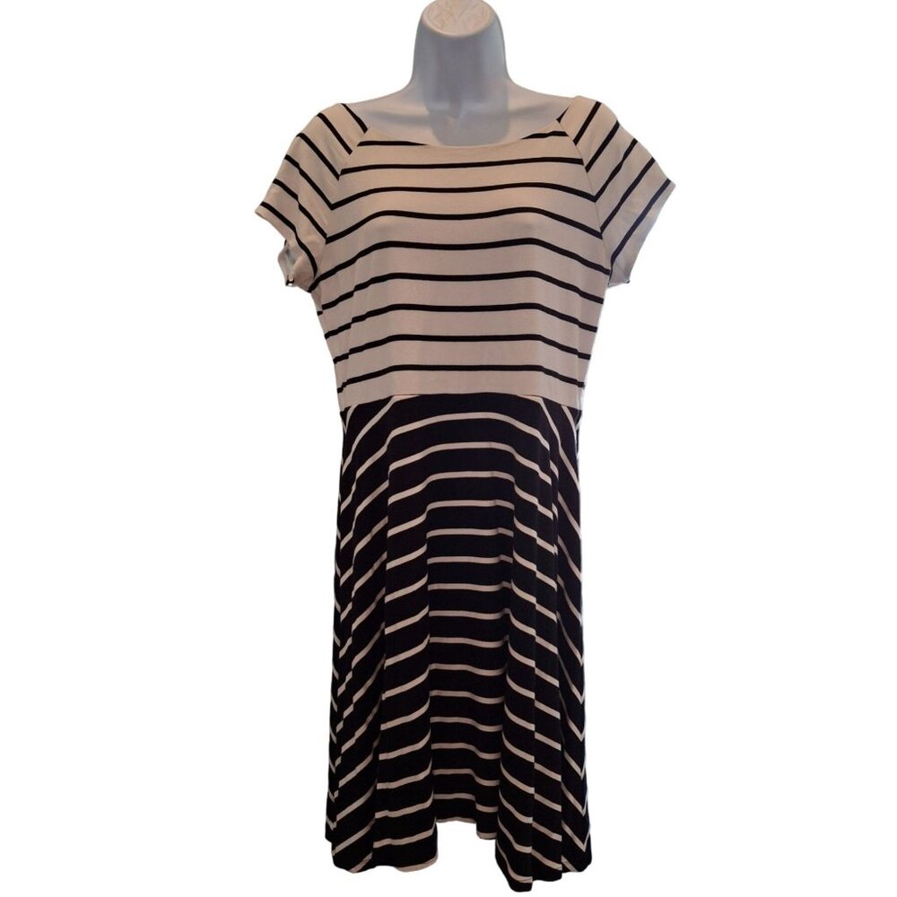 LOFT Womens Mini Shift Dress PL Black White Stripe Casual Preppy Goth